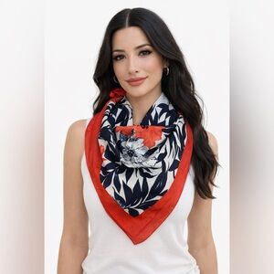 Vintage Hong Italy Floral Scarf Red Navy Square Head Scarf 31x31 Made in Italy